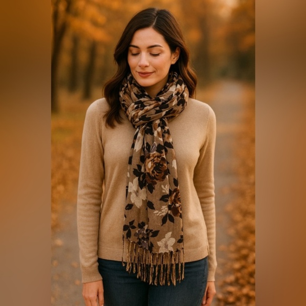 Neutral Taupe Floral Scarf with Fringe | Elegant Fall Wrap EUC 28"X71" #2451